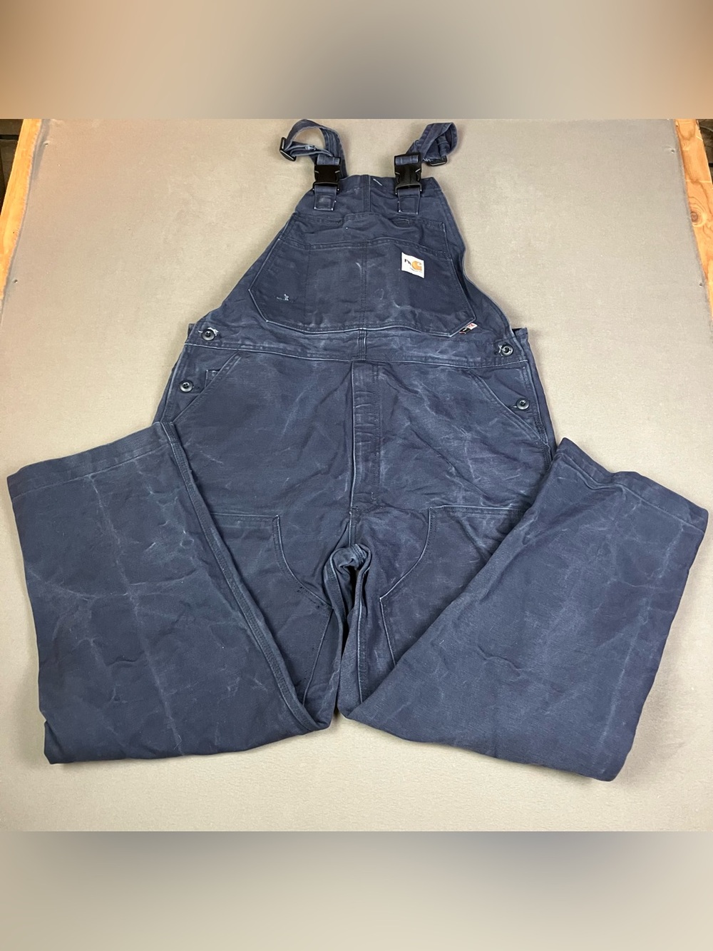 Carhartt FR Canvas Double Knee Bib Overalls Sz 38 X 30 Navy Workwear 101627 410.